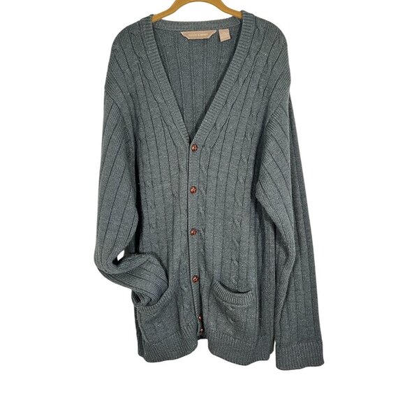 Retro Cable Knit Grandpa Sweater 2XL Green Neutral Cardigan Preppy Old Money 80s - Picture 1 of 10